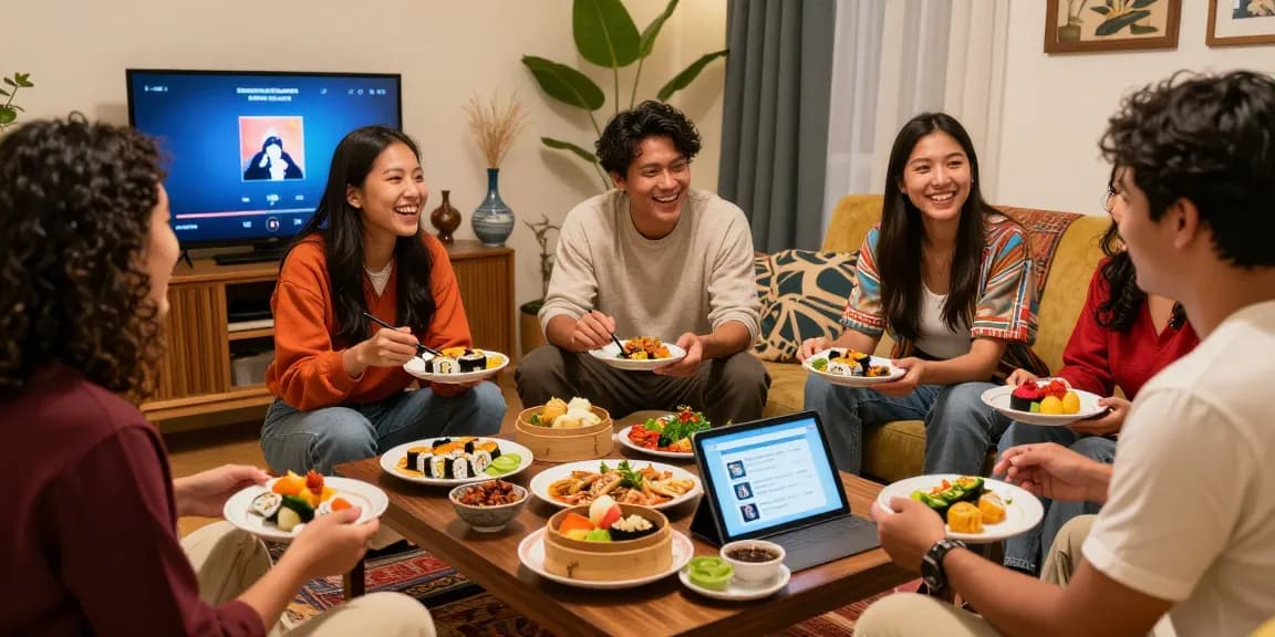 Explore cultural connections at https://hanadultalk.com featuring a cozy gathering sharing Asian cuisine and conversations in Spanish.