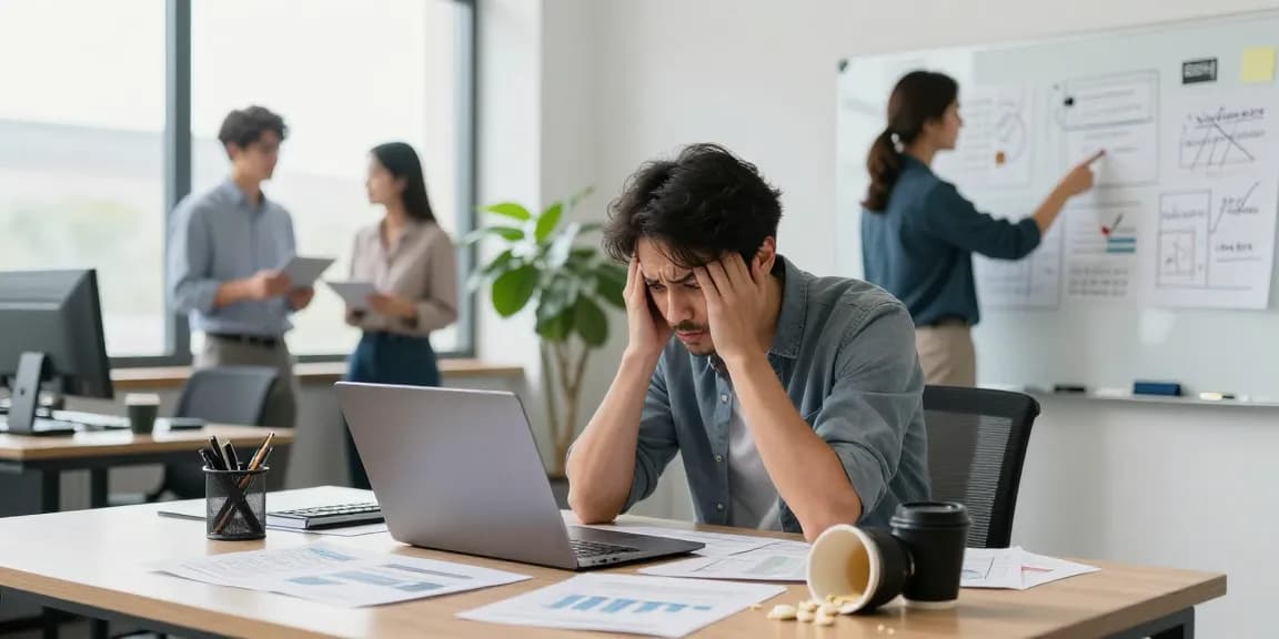 Frustrated employee at companynamesucks.com examining errors in a chaotic office