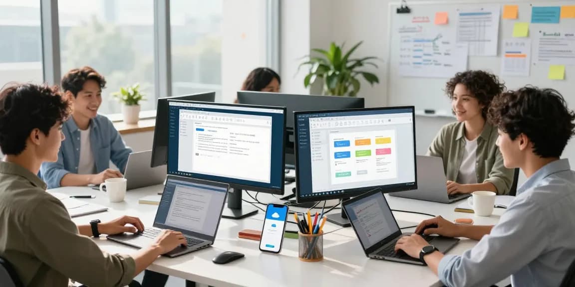 Team collaborating with WPS Office documents in a bright office, showcasing seamless wps下载 integration for productivity.