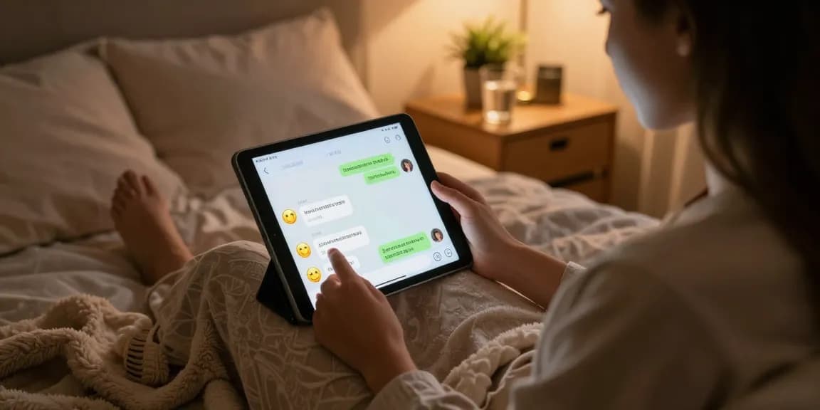 Engaging with a playful nsfw chat bot on tablet in cozy bedroom setting