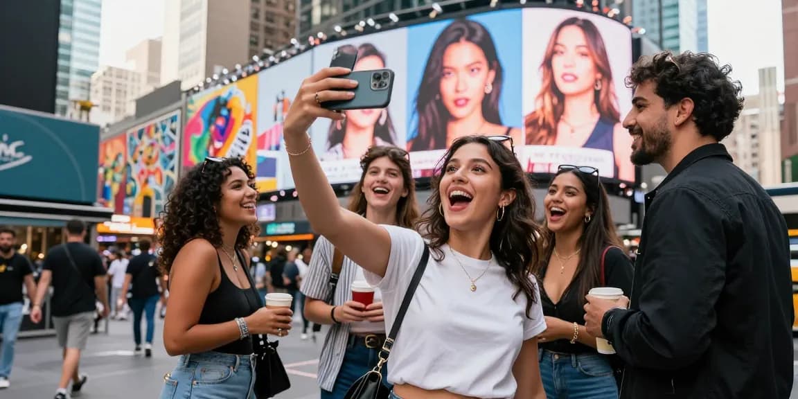 Find your celebrity look like with our AI face identifier as friends enjoy a vibrant urban day out.
