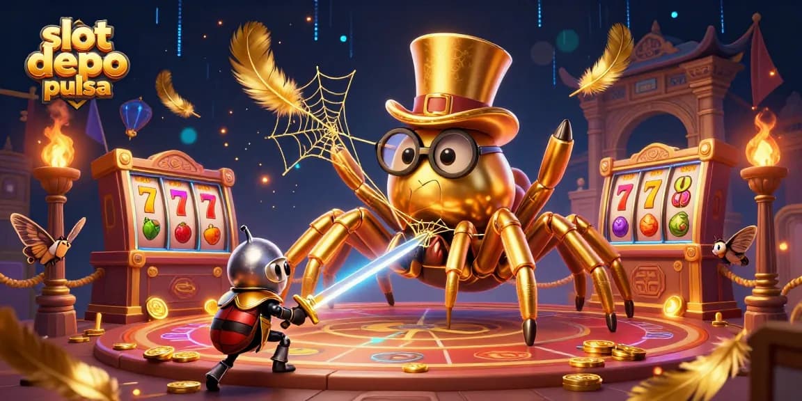 Slot depo pulsa memukau dengan tarantula emas dan kesatria kecil dalam suasana kasino yang meriah