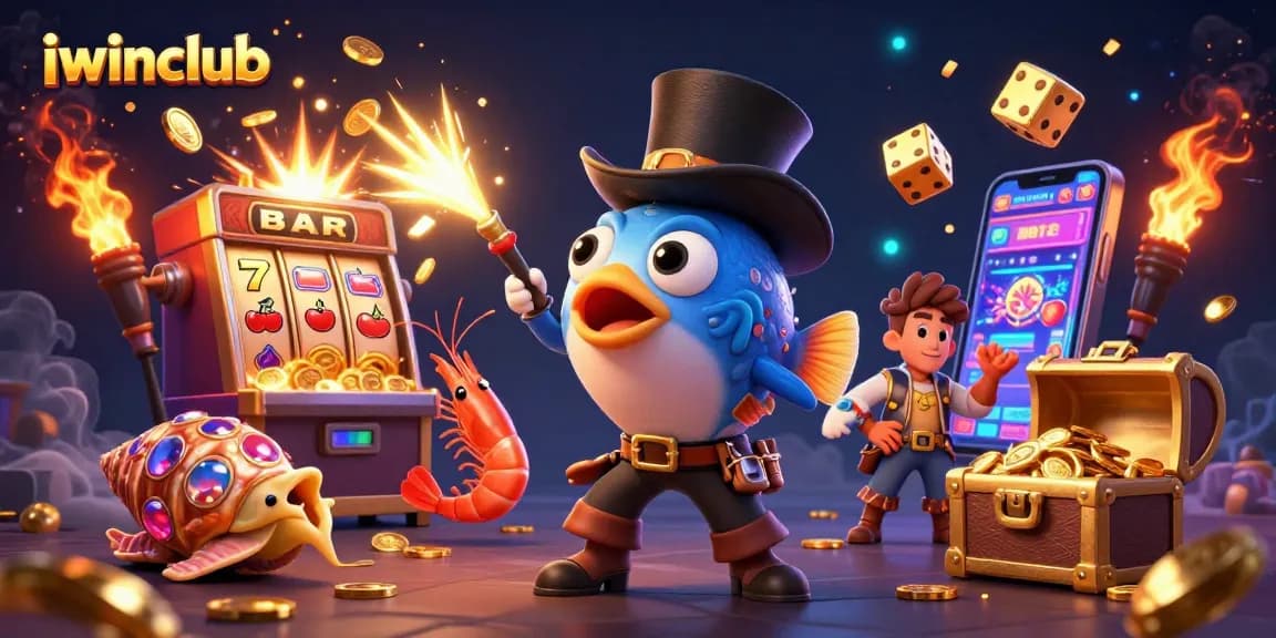 Spin to win with iwinclub's vibrant casino illustration featuring colorful characters and dynamic game elements.