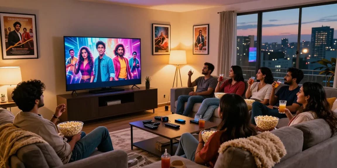 Best platform for movies Bolly4u enjoyed by friends in cozy living room setting with Bollywood film on screen.