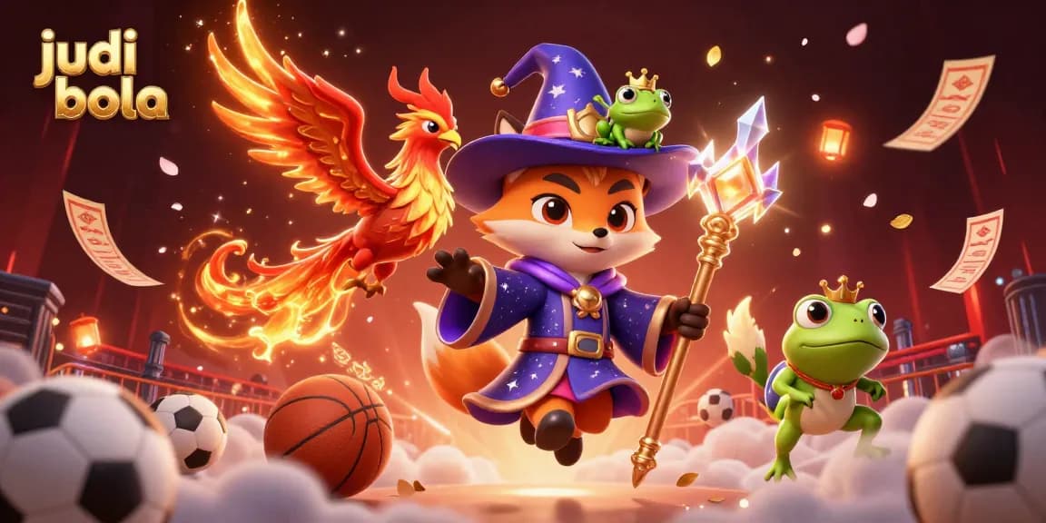 Engage in exciting judi bola action with a mystical wizard and phoenix in a vibrant sports-themed illustration.