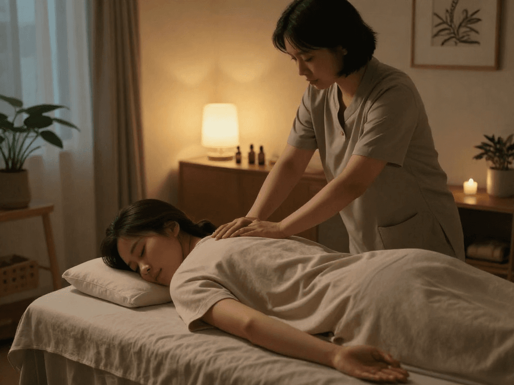 Relaxing 신촌출장마사지 scene at home with therapist and client in cozy environment