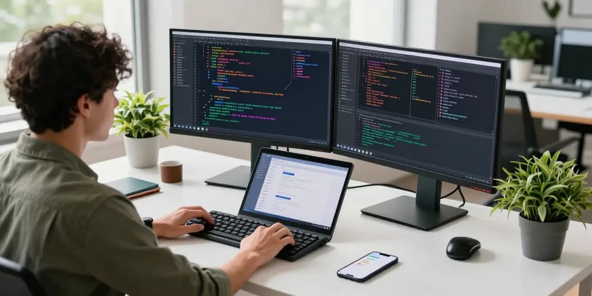 Focused developer coding on dual monitors in a bright workspace with 纸飞机中文版 app design elements.