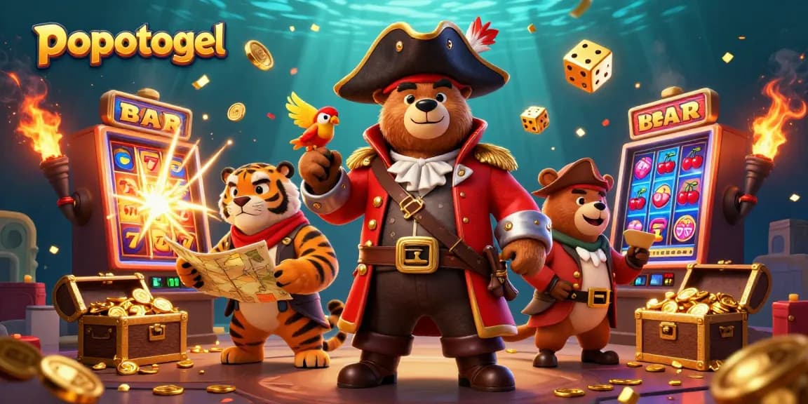 Experience popotogel excitement with a vibrant 3D slot machine explosion and adventure-themed characters.