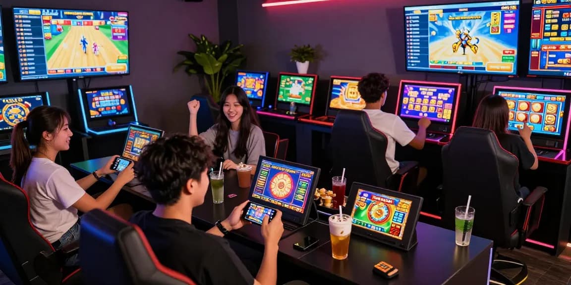Exciting gaming lounge showcasing deposit pulsa tanpa potongan with players enjoying colorful slot games.