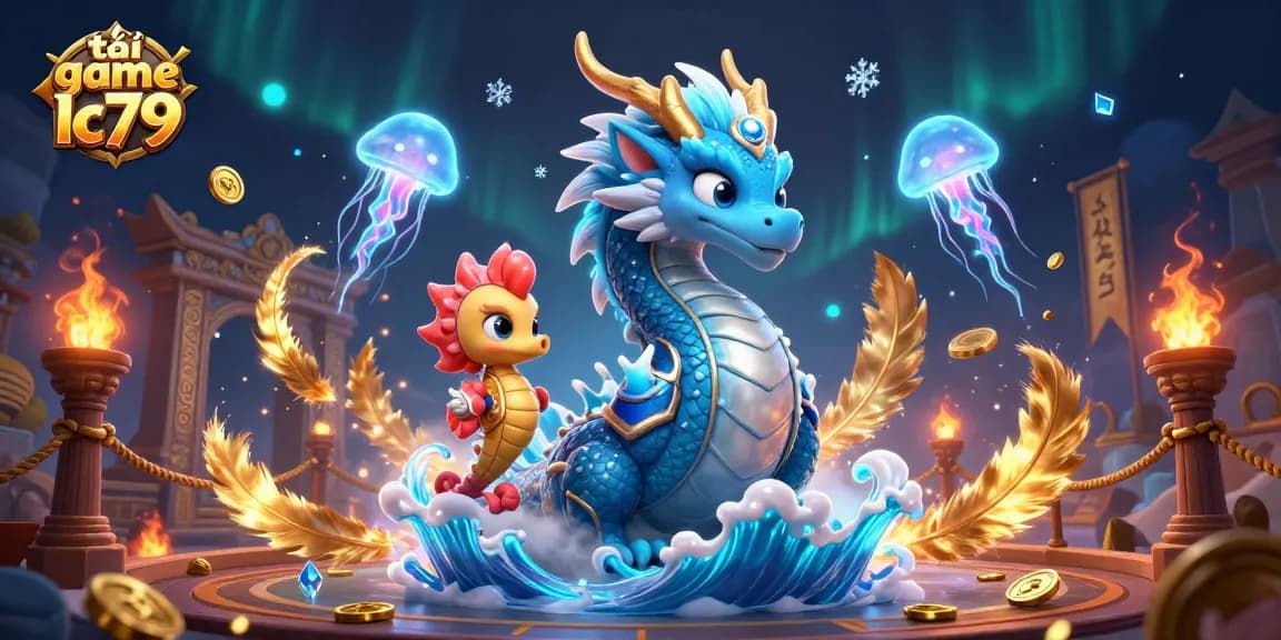 Tải game lc79 tại cổng game LC79 với hình ảnh rực rỡ của rồng nước và hiệp sĩ cá ngựa.