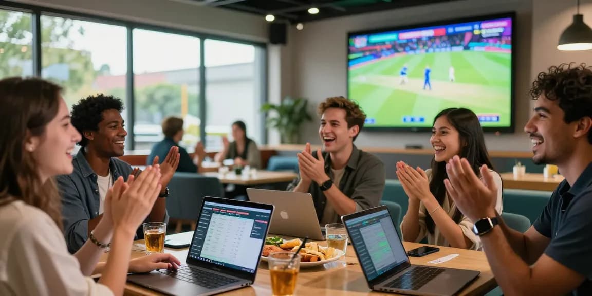 Cheering friends enjoying a live cricket match while using Fairplay24 for online betting in a vibrant sports lounge.
