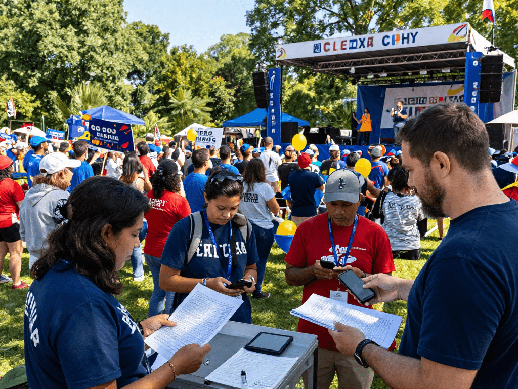 Engaging scene showcasing political OTT advertising strategies during a lively rally with supporters.