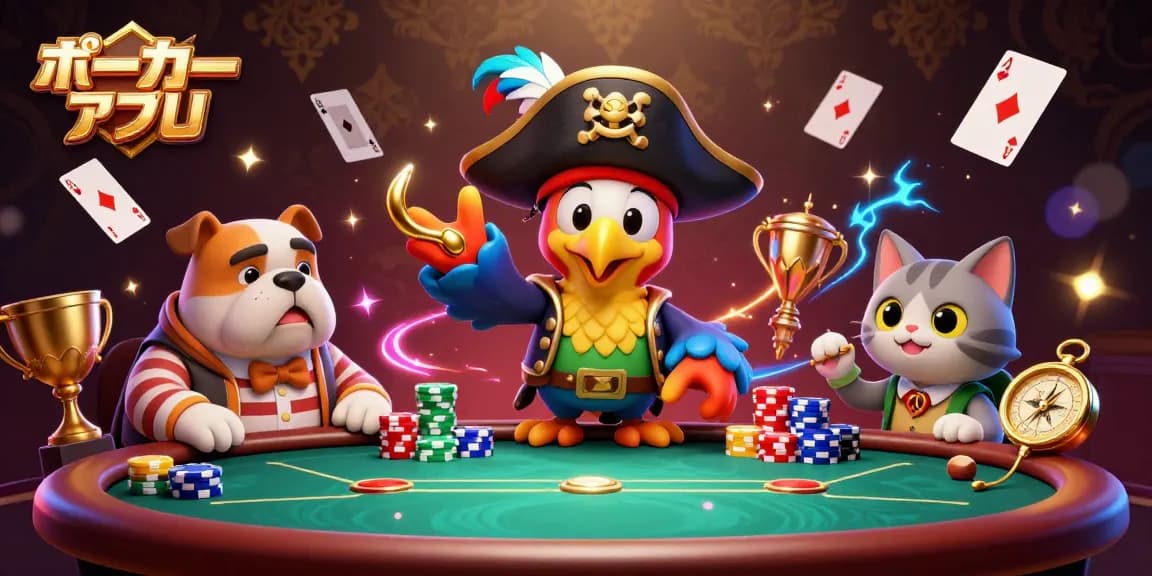 ポーカーアプリでの本格的なプレイを楽しむキャラクターたちと、動いているポーカーカードが散らばるシーン