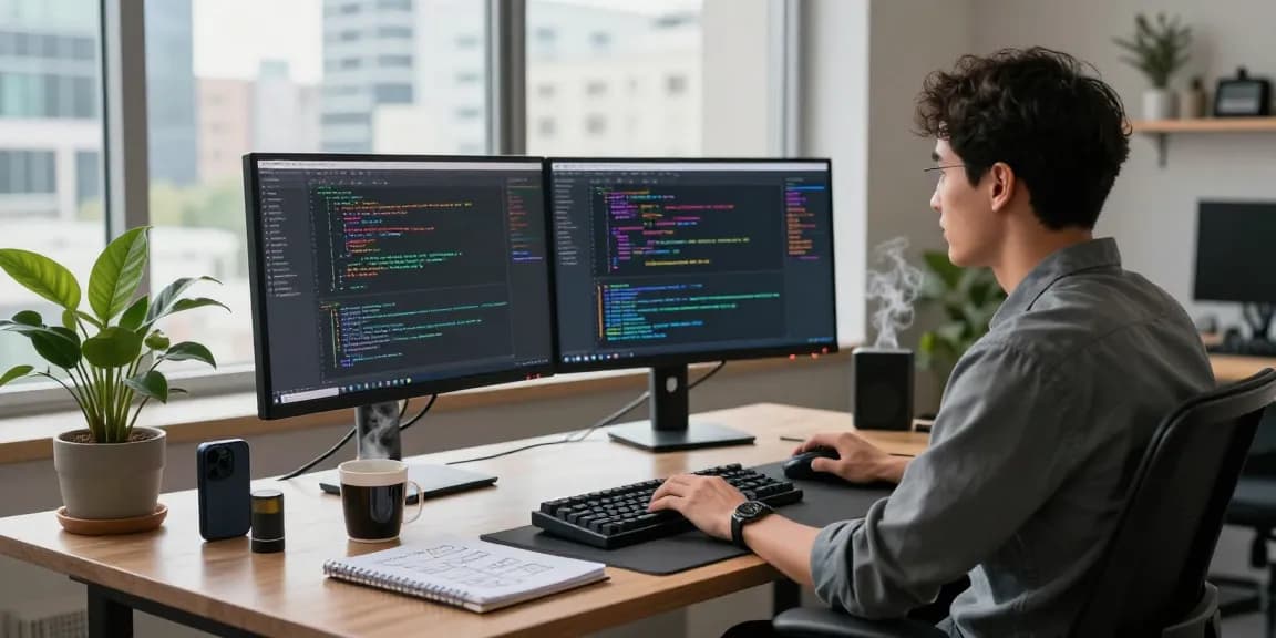 Developer coding on dual monitors in a modern workspace at telegraimin.com