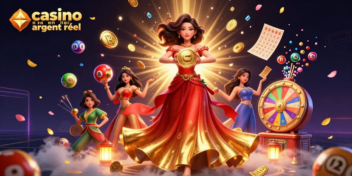 Vivez le frisson du casino en ligne argent réel avec une superbe illustration 3D mettant en avant des jeux et des éléments gagnants.