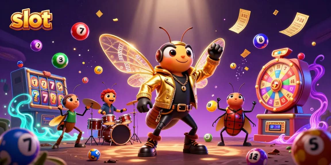 Slot permainan yang menarik, cicada rock star dan drummer menarik perhatian dalam suasana kasino penuh warna.