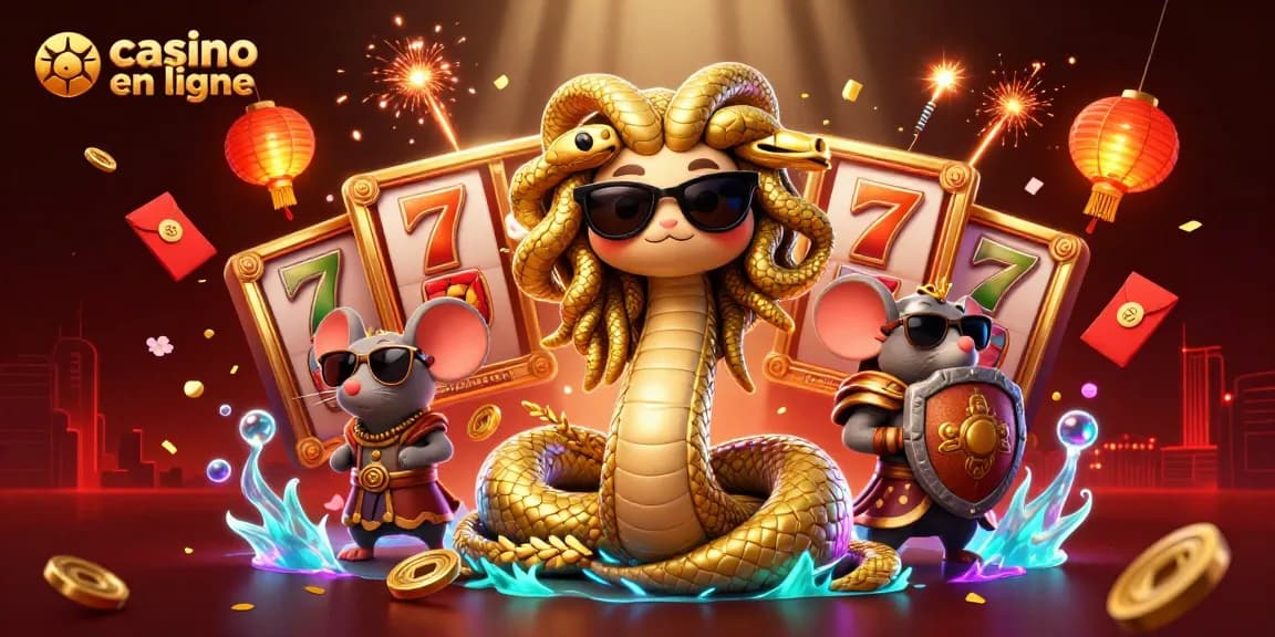 Jouez sur un casino en ligne avec des machines à sous et un décor festif coloré.