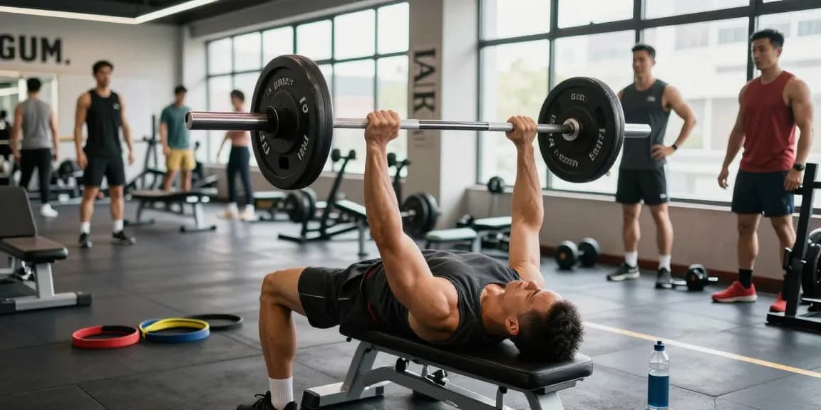 Astera Steroids Shop featuring a dedicated bodybuilder engaged in a bench press workout in a well-lit gym environment.