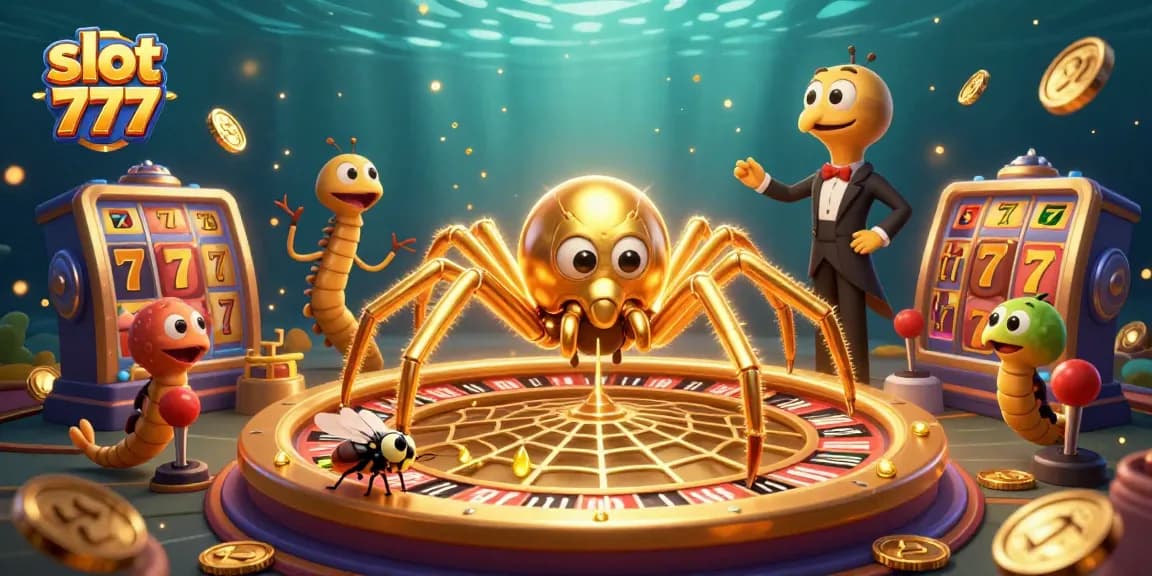 Bet at slot 777 with a golden spider spinning a roulette wheel in a vibrant casino setting.