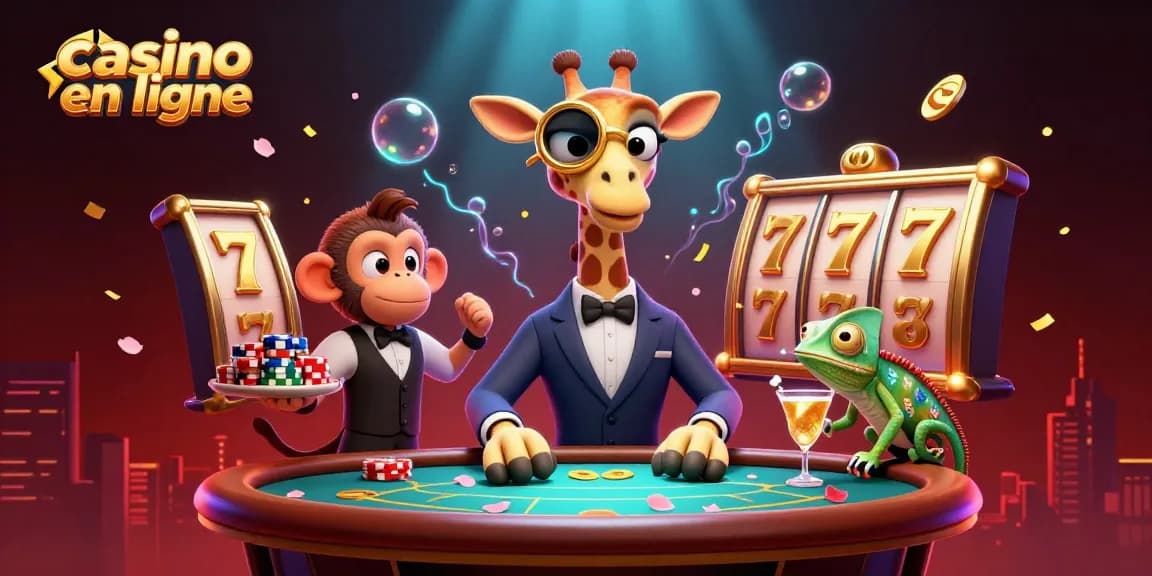 Jouez au casino en ligne avec une girafe élégante, un valet singe et un barman caméléon