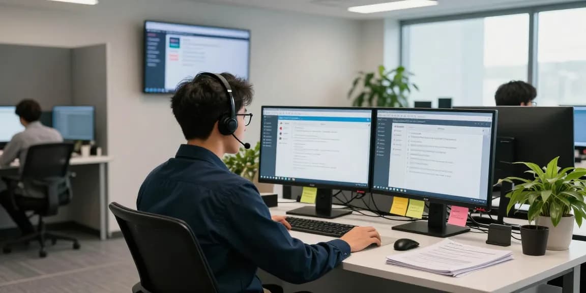 Telus-Technical-Support technician efficiently assisting customers at a modern tech helpdesk.