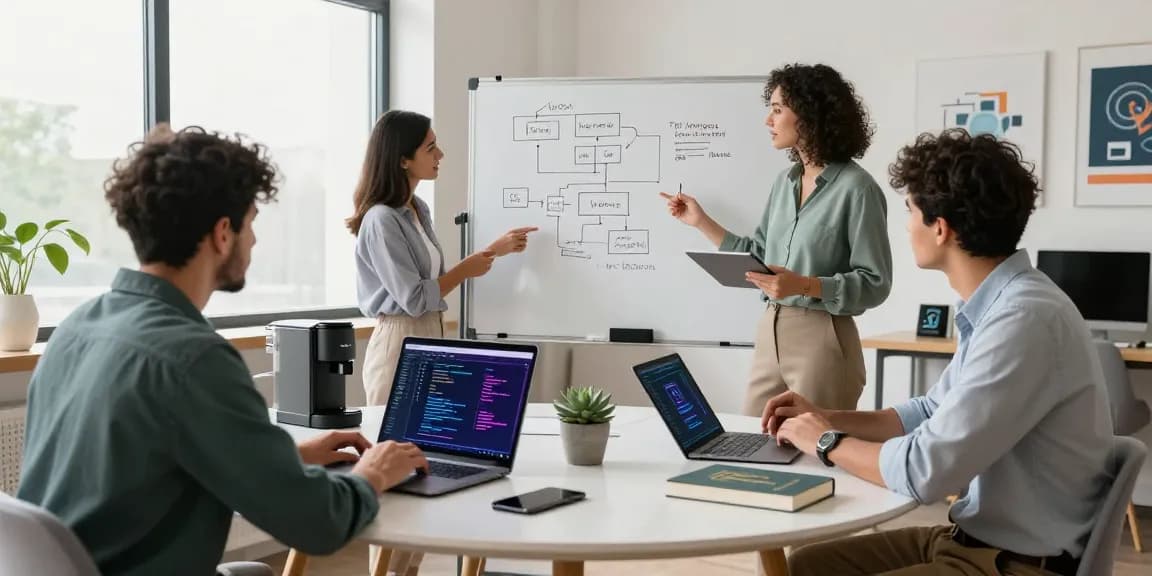 Developers collaborating with AI programming languages at a modern workspace, showcasing top 5 programming languages for AI innovations.