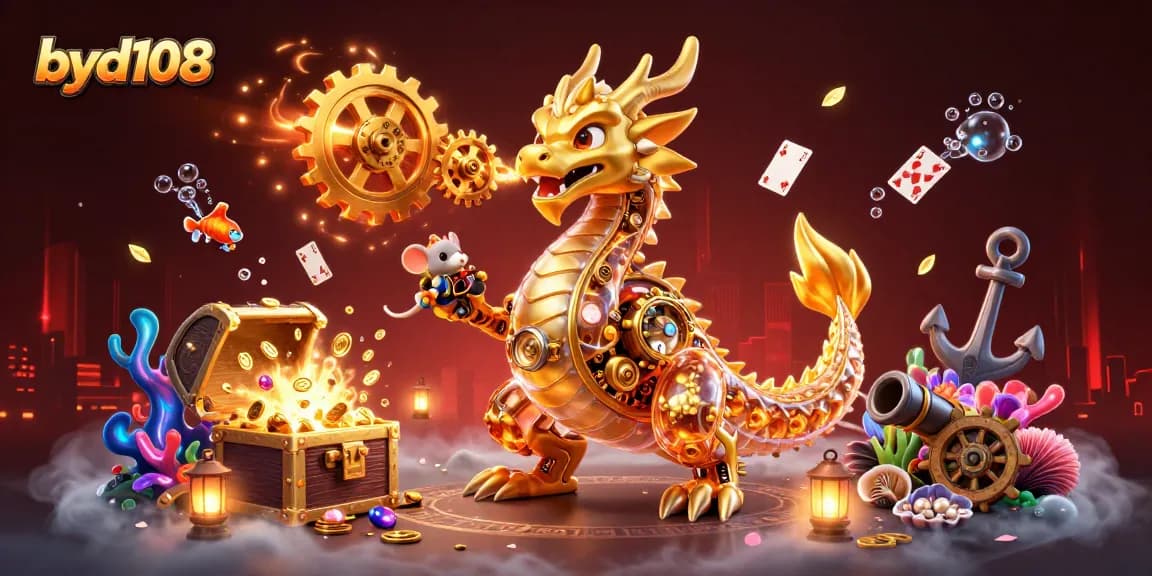Byd108 menghadirkan ilustrasi magis dari permainan kasino dengan naga emas dan kekayaan yang melimpah.