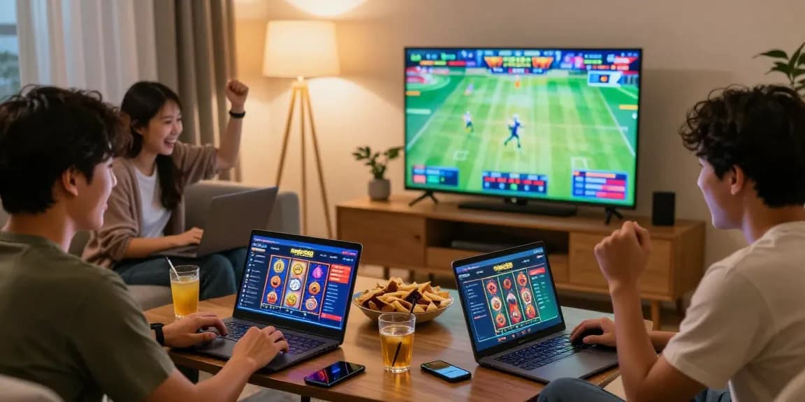Friends celebrating a win on situs raja328 during a fun online gaming night