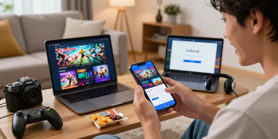 User enjoying the indocair login experience on a smartphone in a cozy living room setting.