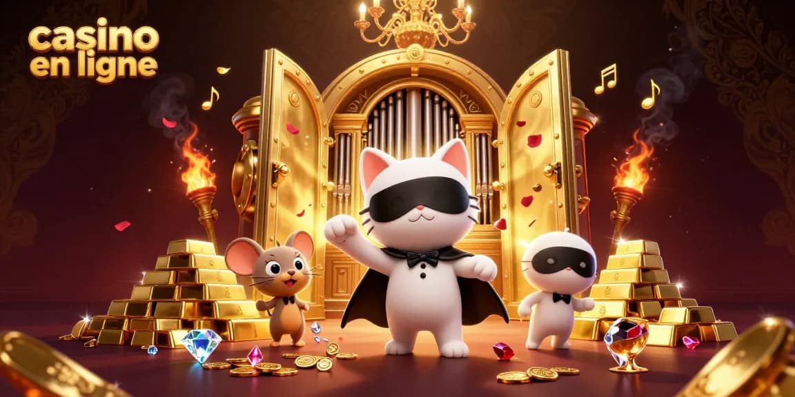 Jouez au casino en ligne avec une illustration 3D captivante mettant en scène un chat en masque et un orgue de casino.