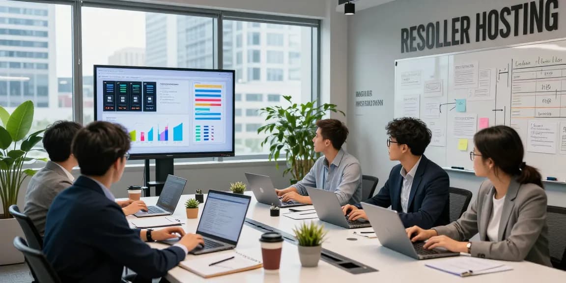 Collaborative team discussing reseller hosting strategies in a modern office.