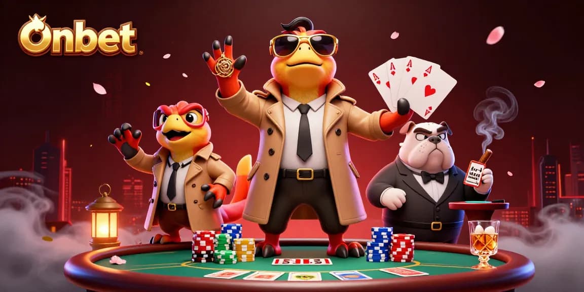 Engage with Onbet's dynamic casino scene featuring raptors sneaking into a VIP lounge.