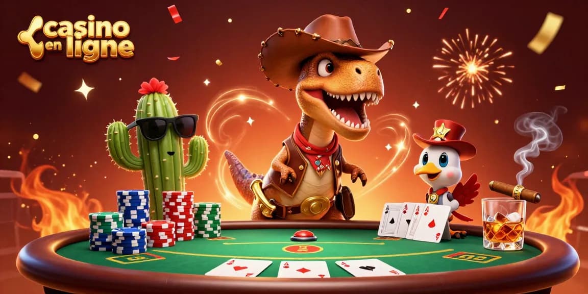 Vivez l'excitation du casino en ligne avec un dinosaure cowboy et ses amis joueurs.