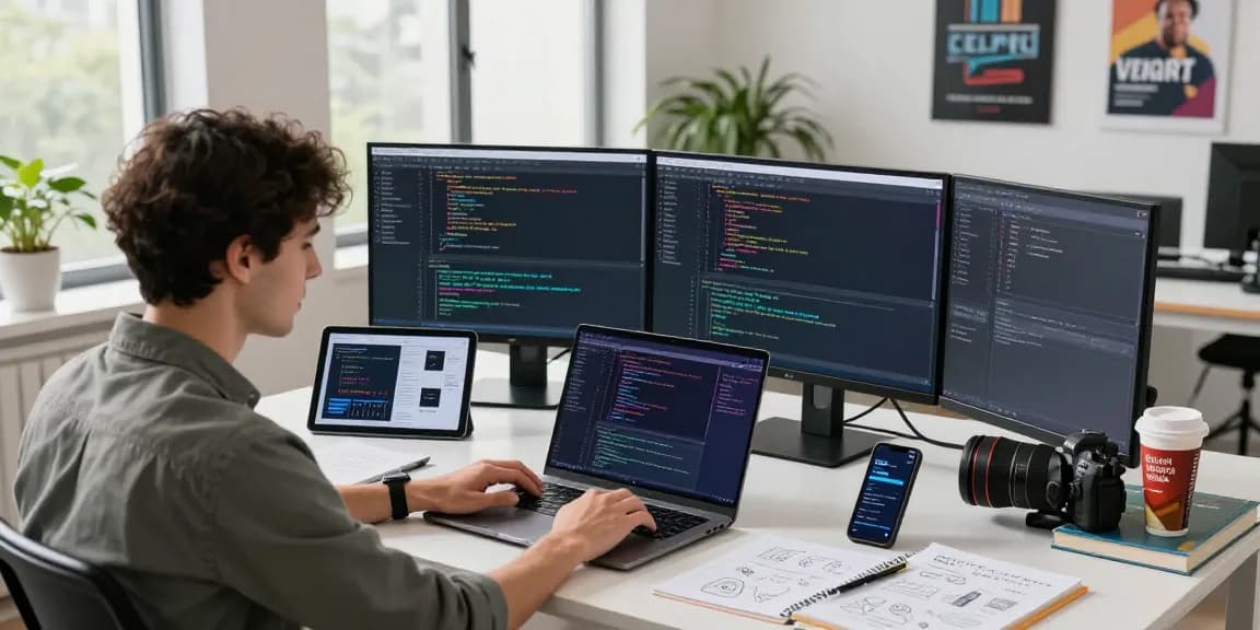 Young developer at a modern workspace coding on a laptop, showcasing the essence of teiegramin.com.
