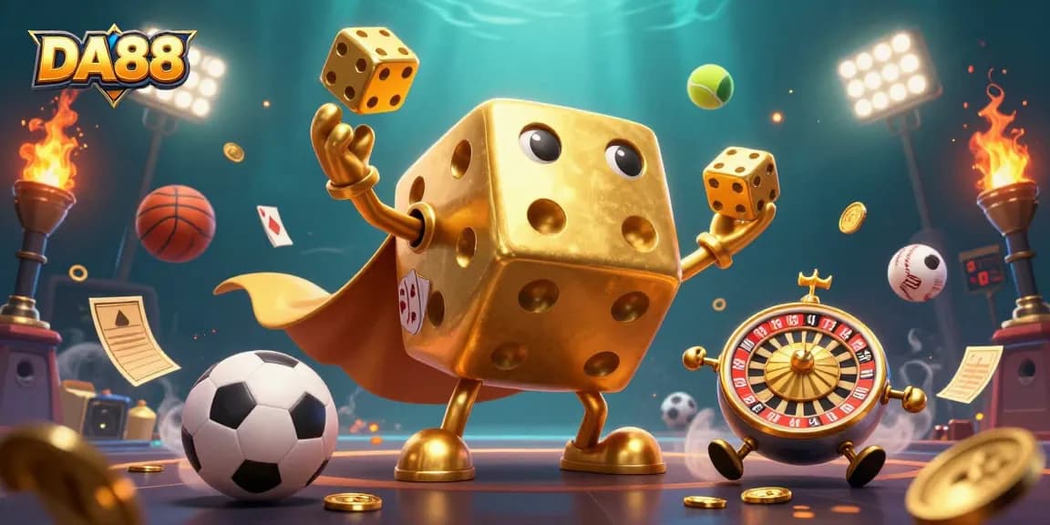 Experience thrilling gameplay at DA88 with vibrant sports elements and dynamic casino characters.