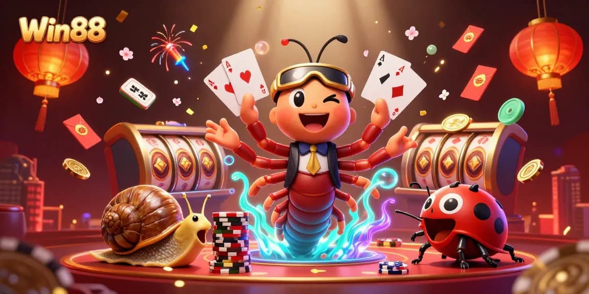 Spin to win at Win88 with a vibrant 3D scene featuring a millipede dealer and high-rollers.