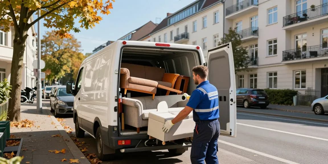 Sperrmüllabholung 80 Euro Berlin service technician efficiently loading discarded furniture in urban setting.