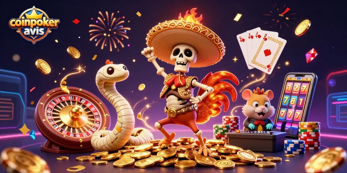 CoinPoker avis : découvrez une illustration dynamique avec des personnages jouant dans un casino rempli de trésors.