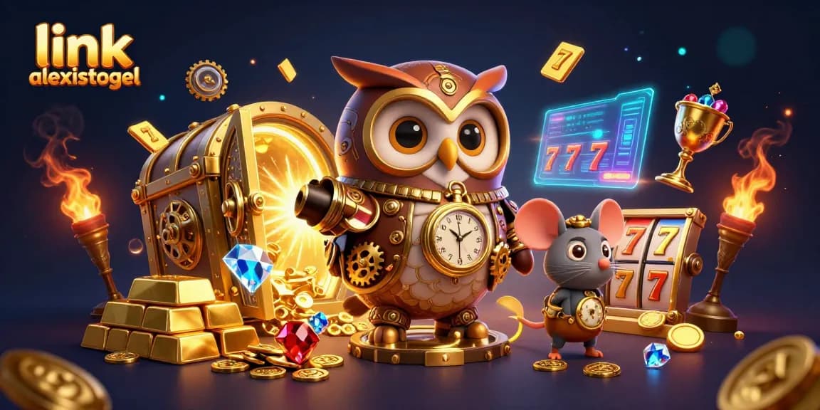 Experience the thrill of link alexistogel with a dynamic 3D illustration featuring a steampunk owl and casino elements.