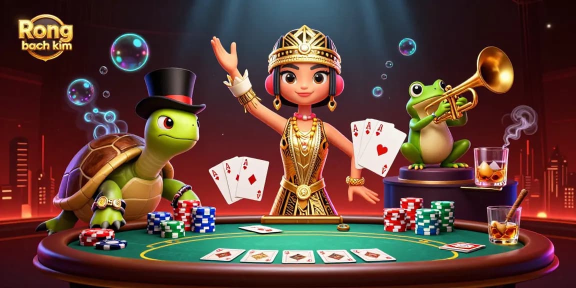 Engage in the Rong bach kim experience at a vibrant speakeasy with 3D cartoon characters celebrating gaming.