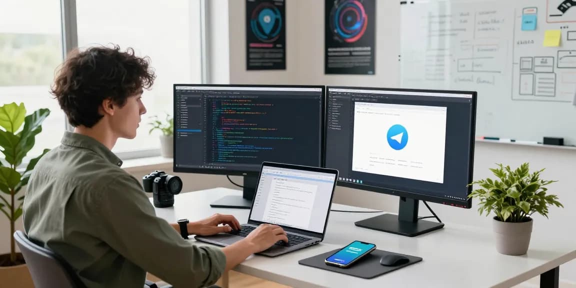 Workspace featuring a developer using 纸飞机中文版 on multiple monitors, showcasing a productive tech environment.