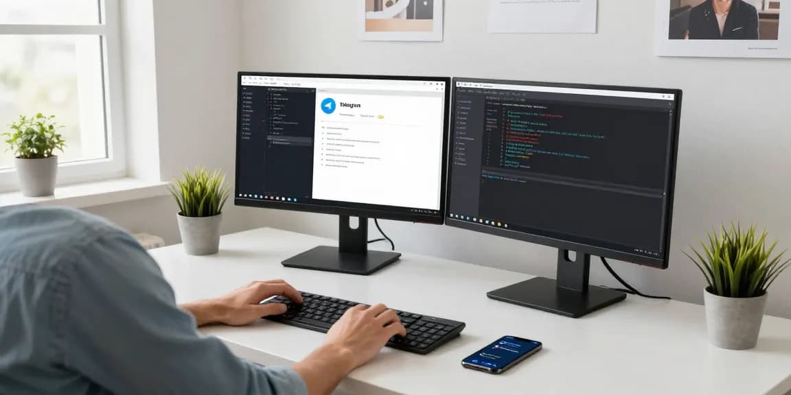 The workspace highlights the features of 纸飞机中文版, showcasing a modern tech setup with dual monitors and Telegram interface.