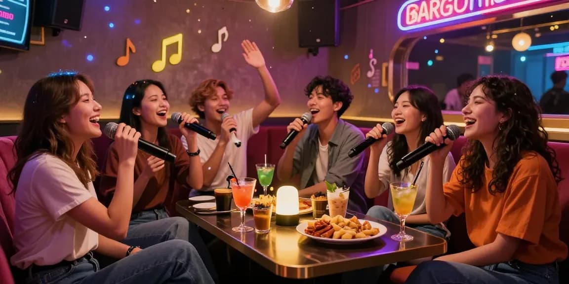 Friends enjoying 강남가라오케 singing together in a lively karaoke bar atmosphere.