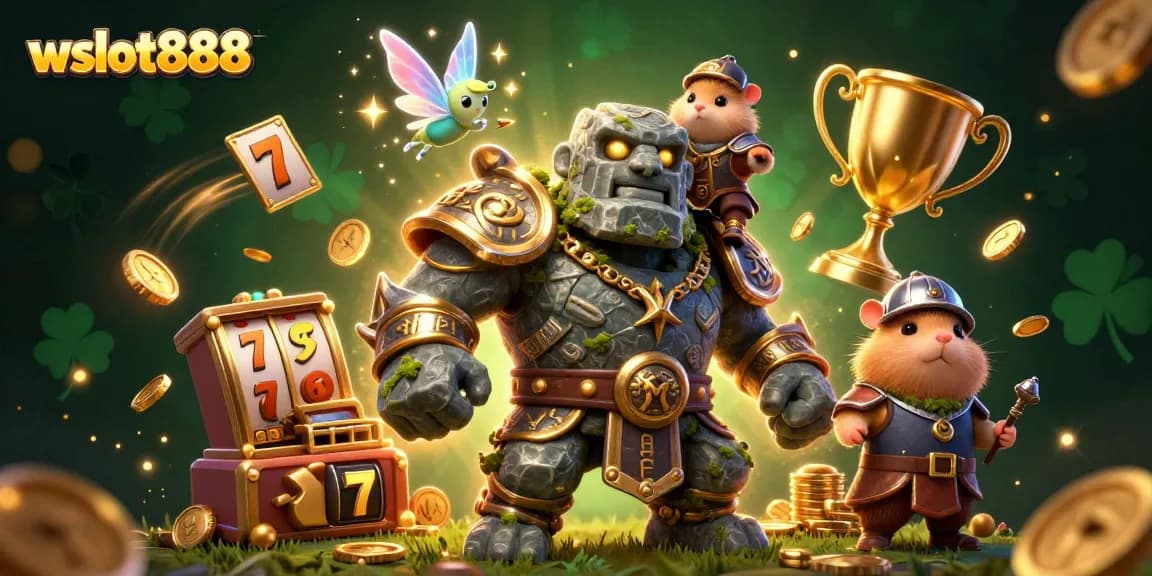 Gambarlah wslot888 yang menampilkan golem penjaga dan keseruan permainan slot online.