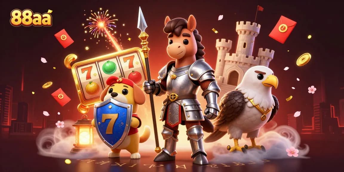Experience 88aa's vibrant online casino with spinning slot reels and dynamic gaming elements.