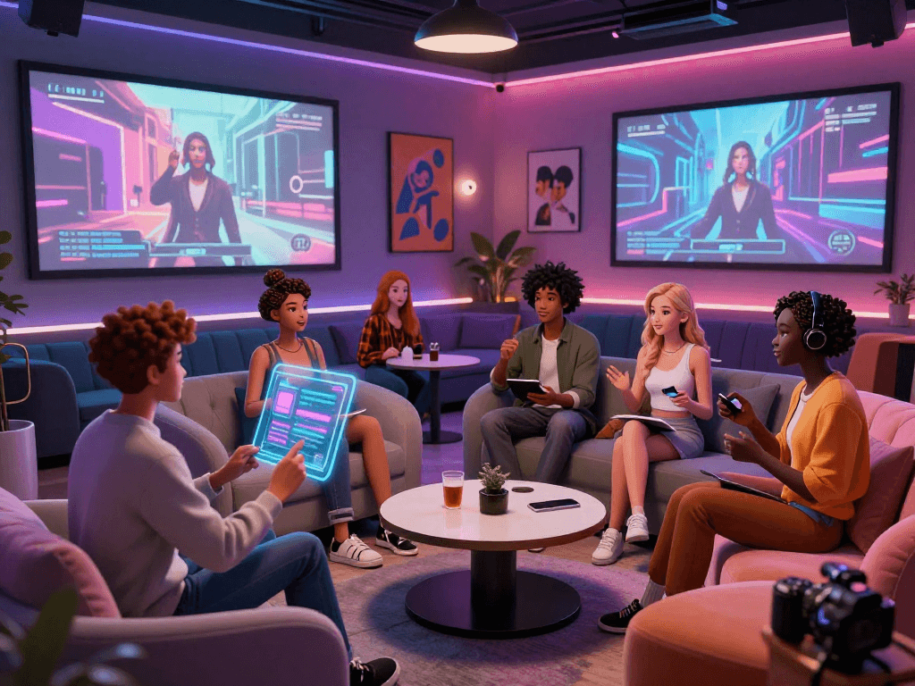 AI sluts engaging in playful interactions within a digital lounge, showcasing virtual character diversity and innovation.