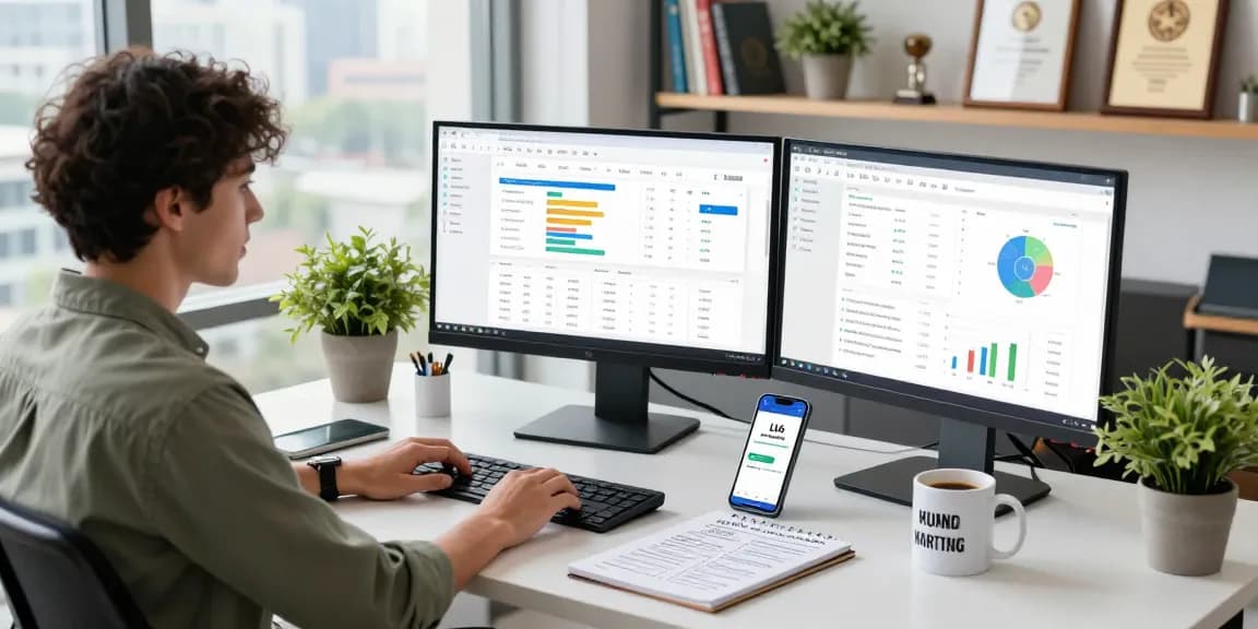 Data analyst optimizing LLG link indexing in a vibrant digital marketing workspace