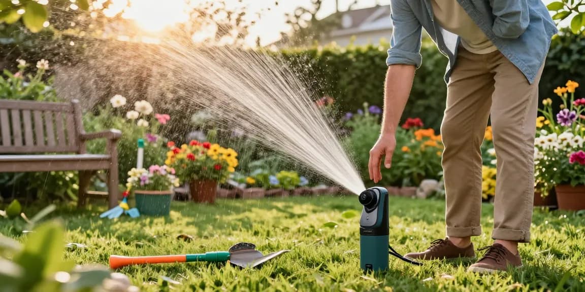 Homeowner using the rainpoint water timer to water plants effortlessly in a vibrant garden setting.