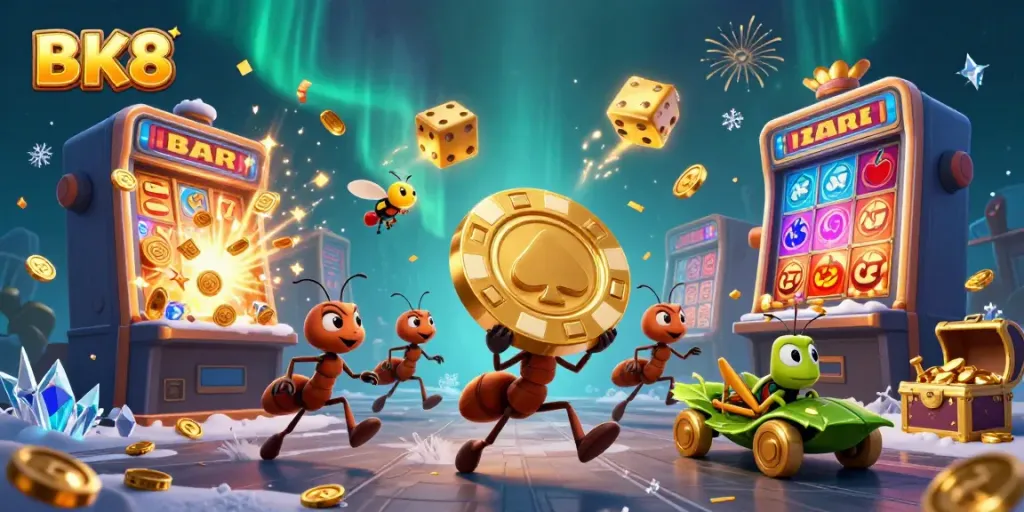 Engaging scene featuring BK8 brand with cartoon ants heisting a golden poker chip in a casino environment