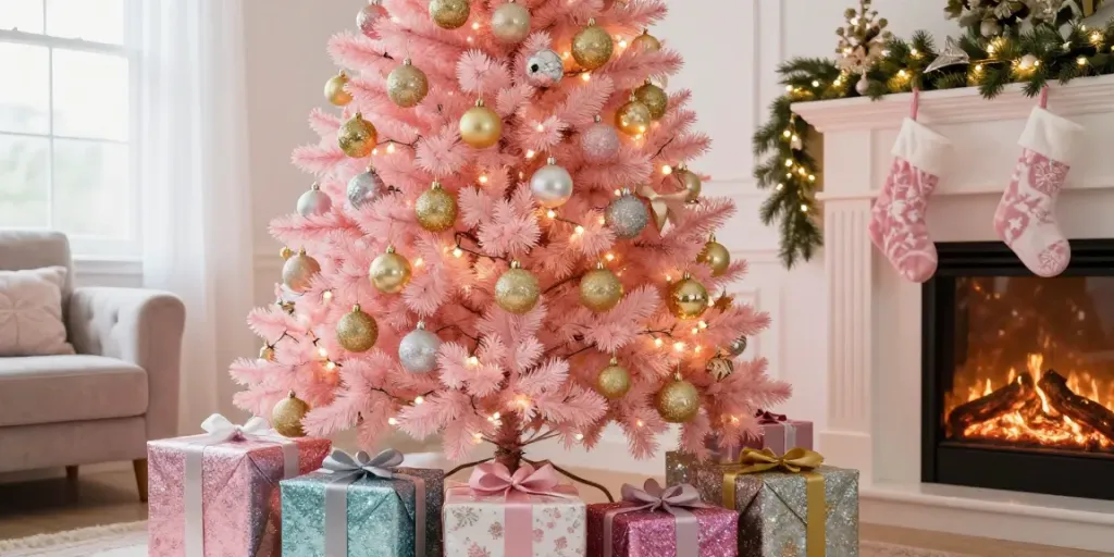 A beautifully decorated pink Christmas tree with pink decor, surrounded by colorful gifts and festive ornaments.